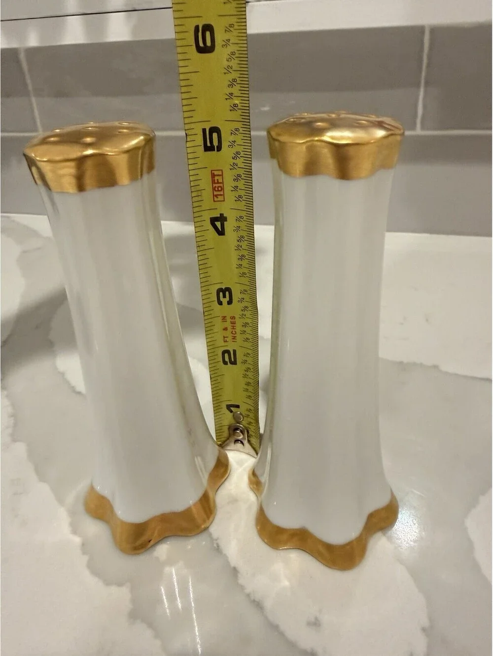 White fine porcelain w gold accents salt & pepper shakers 5